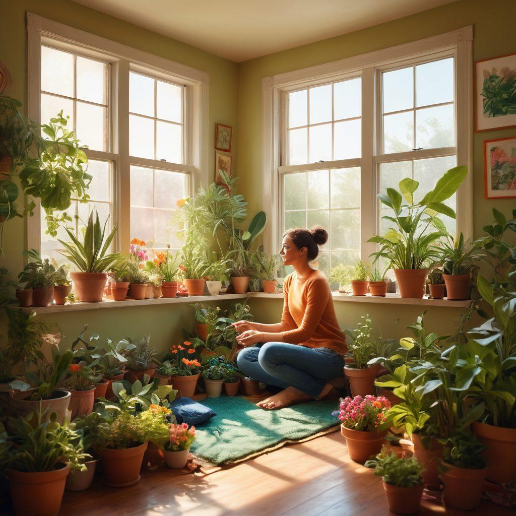 A serene scene depicting a person transforming a cluttered room into a tranquil oasis, with plants, soft lighting, and cozy textures surrounding them. The character's expression reflects joy and bliss as they engage in this transformation. Incorporate elements of nature like sunlight streaming through a window, colorful flowers, and playful pets to enhance the atmosphere. whimsical illustration. vibrant colors. soft focus.