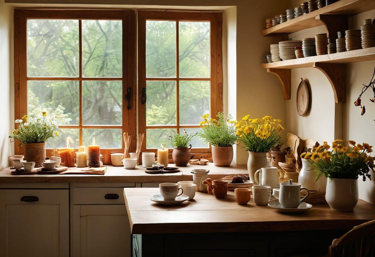 A serene morning scene showcasing a cozy kitchen filled with Sarenki products, like beautifully crafted mugs, aromatic candles, and vibrant kitchenware. Soft sunlight filters through a window, illuminating a joyful person sipping coffee and smiling while surrounded by warm decorations. Fresh flowers on the table add a touch of nature, enhancing the atmosphere of bliss and contentment. colorful and inviting. super-realistic. warm tones.