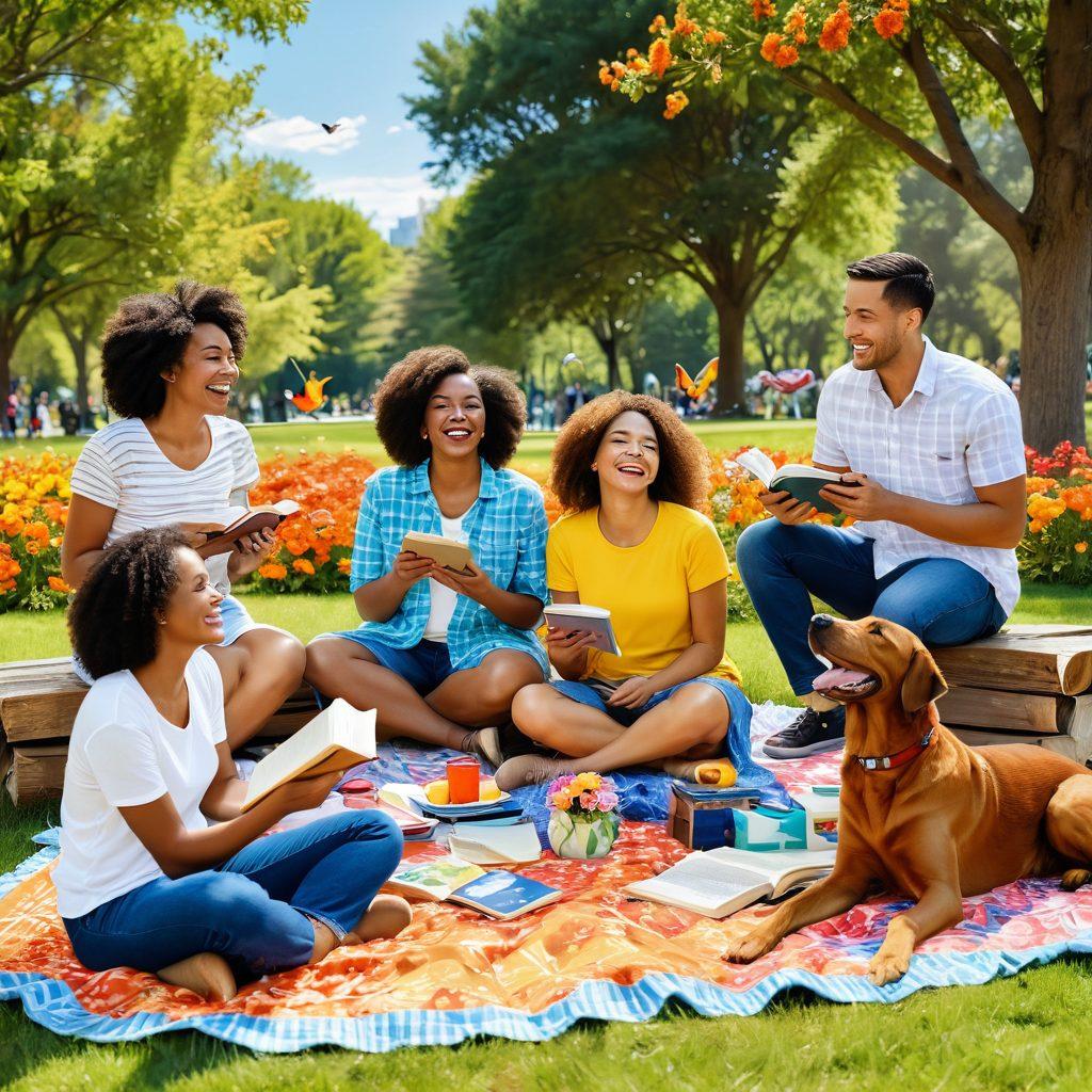A vibrant, joyful scene of a diverse group of people laughing and connecting in a sunny park, surrounded by colorful flowers and cheerful birds. Include elements like a picnic blanket, books, and playful pets to convey a sense of community and happiness. Bright colors dominate the landscape, symbolizing elation and positivity in everyday life. super-realistic. vibrant colors. sunny background.